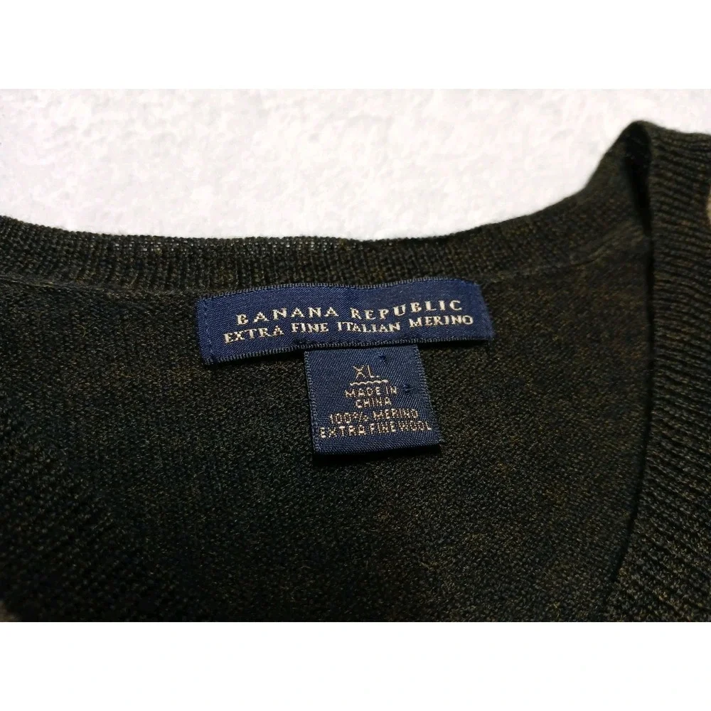 Banana Republic Men XL Sweater Extra Fine Italian Merino Wool Argyle Black Olive